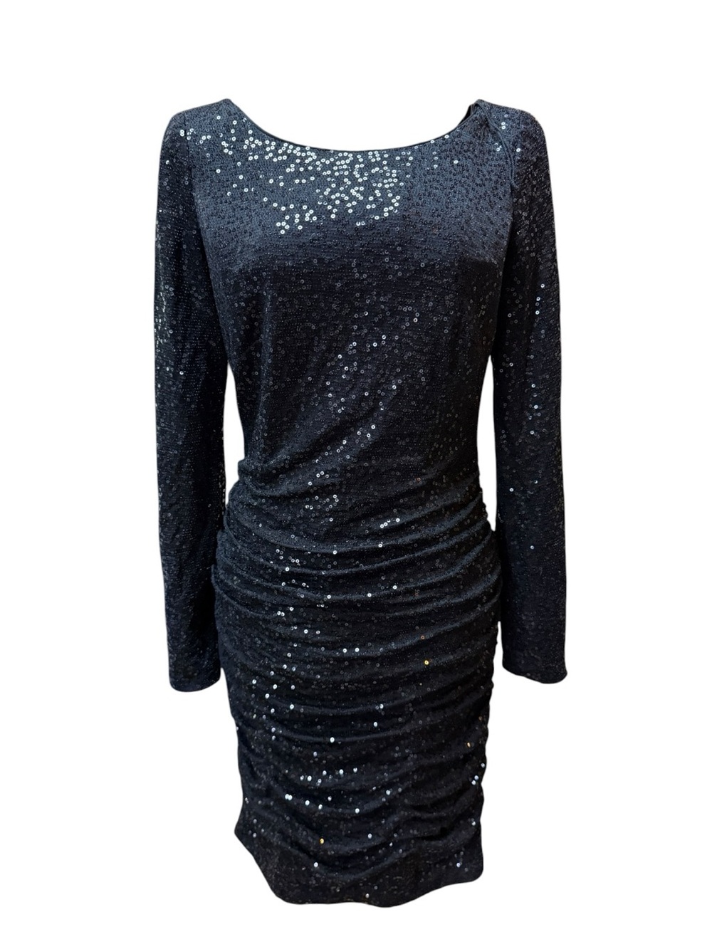 Aiden Mattox Black Sequin Ruched Long Sleeve Cocktail Dress
